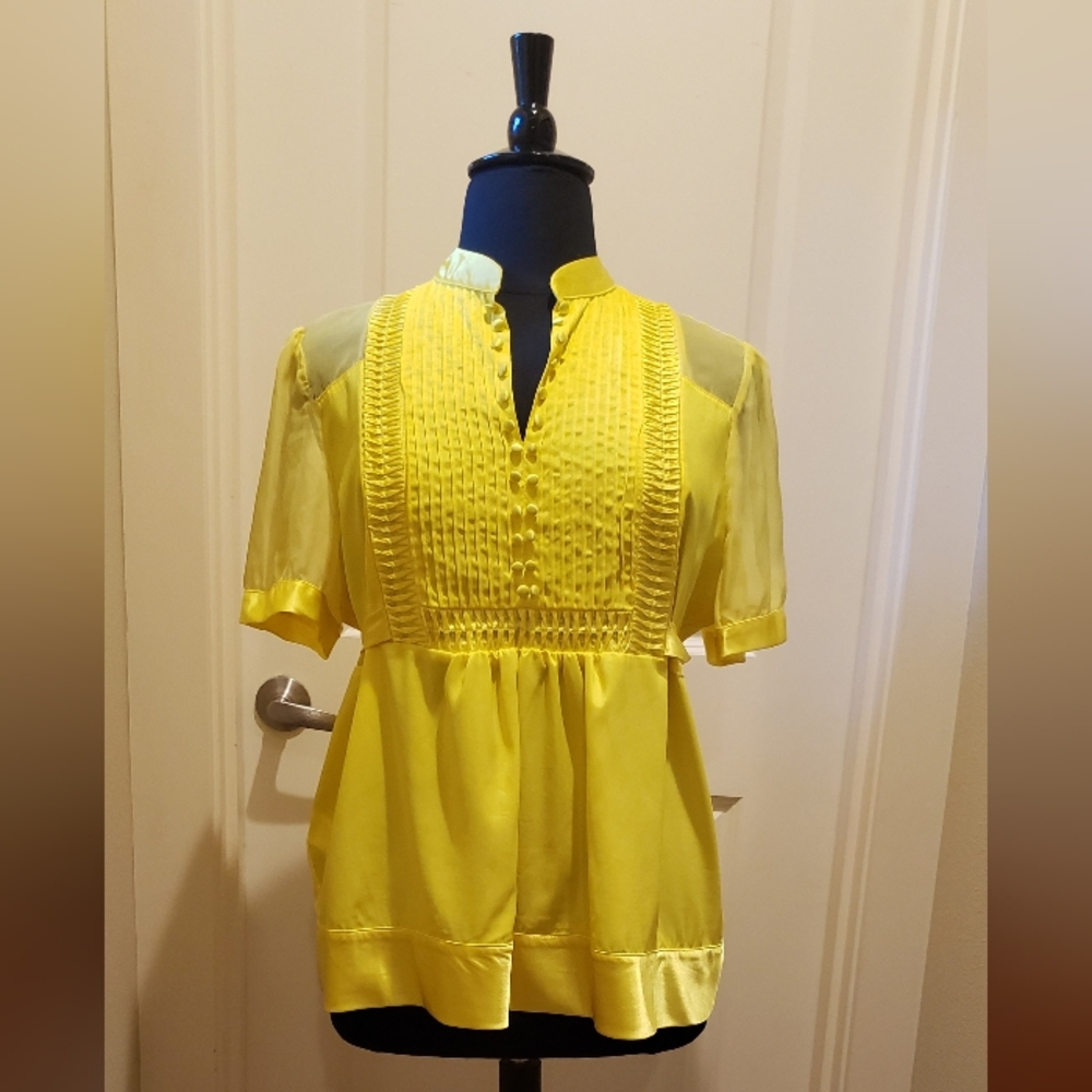 Dereon Yellow Flutter Sleeve Womens Empire Waist Tuxedo Tunic
